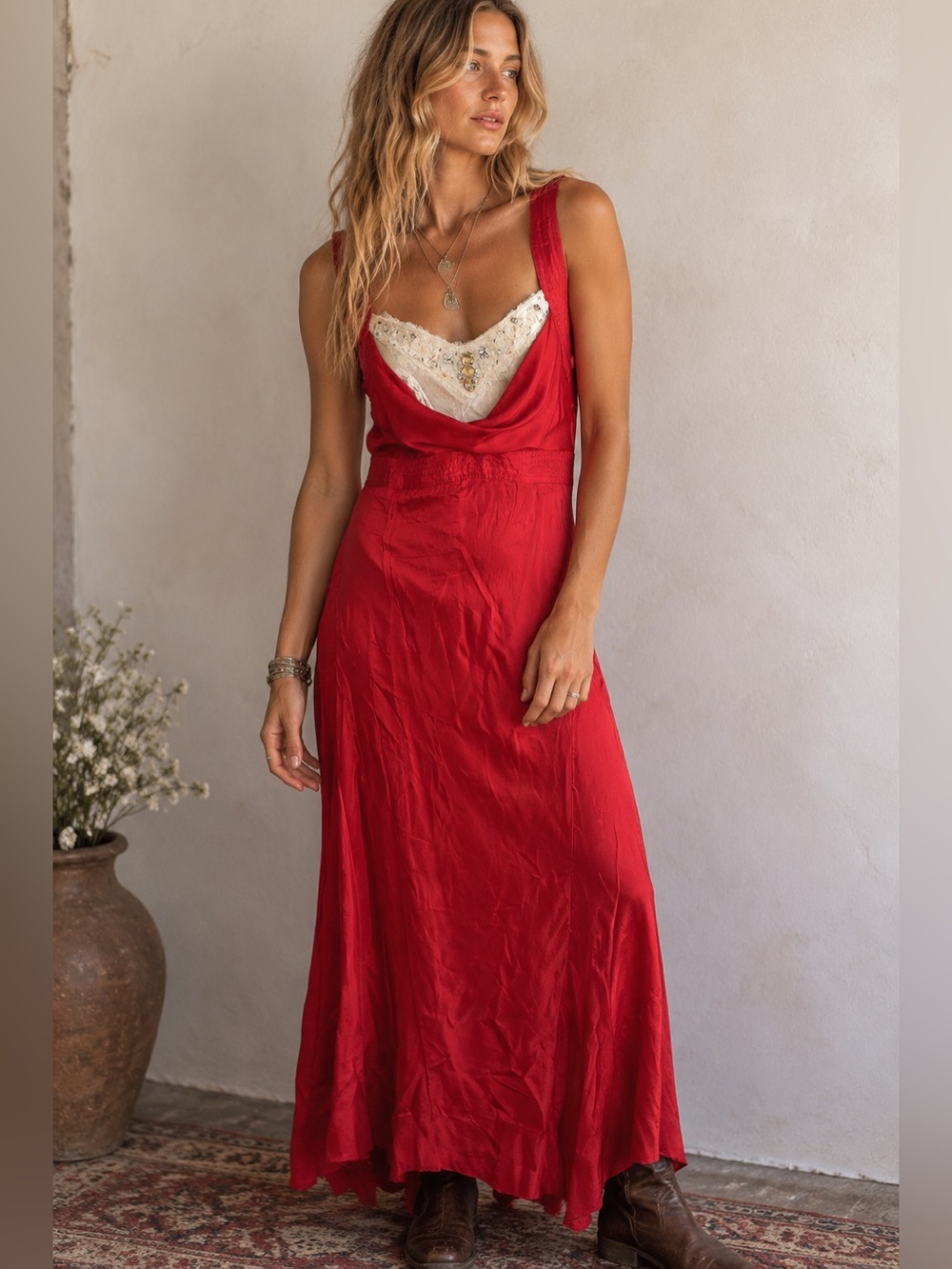 Free People Silk Blend Red Dress with Ivory Embellished Bodice